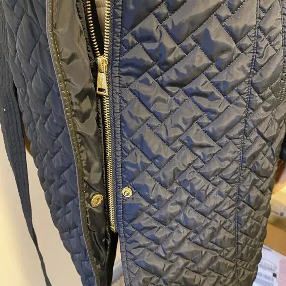 Cole Haan Signature NavyBlue Leather Trim quilted belted Coat Jacket SP Zip Snap - Picture 8 of 13